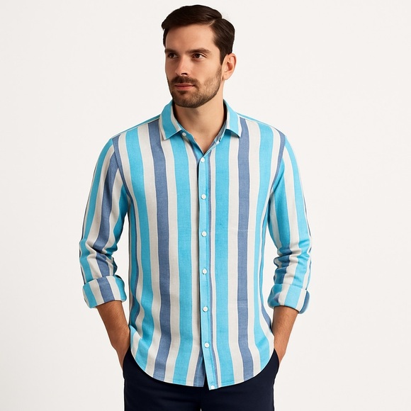 P. Langella Linen Button Down Italian Stripe Shirt Mediterranean Men’s M Blue - Picture 2 of 16